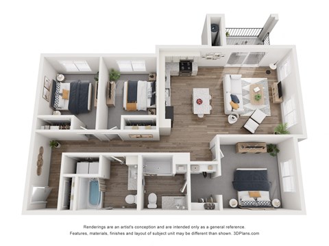 Floor plan for 3 beds, 2 baths, 1238 sqft